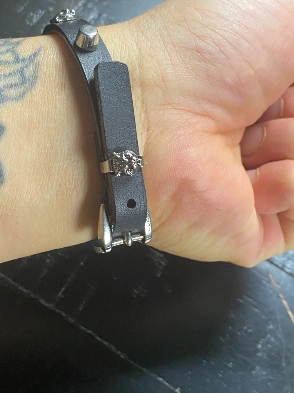 Gucci Black Leather Studded Bracelet with Silver-tone Emblems